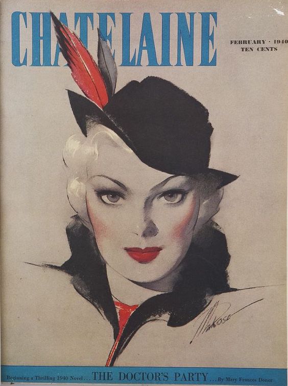 1940 vintage magazine cover chatelaine featuring an illustration of a woman in a 1940s hat with feathers. 