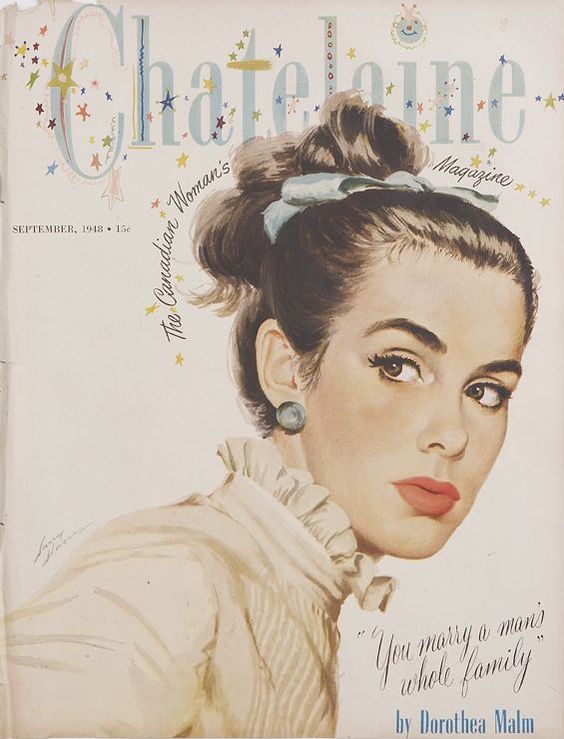 1948 vintage chatelaine magazine cover featuring an illustration of a woman with a pretty vintage hairstyle from the 1940s. 