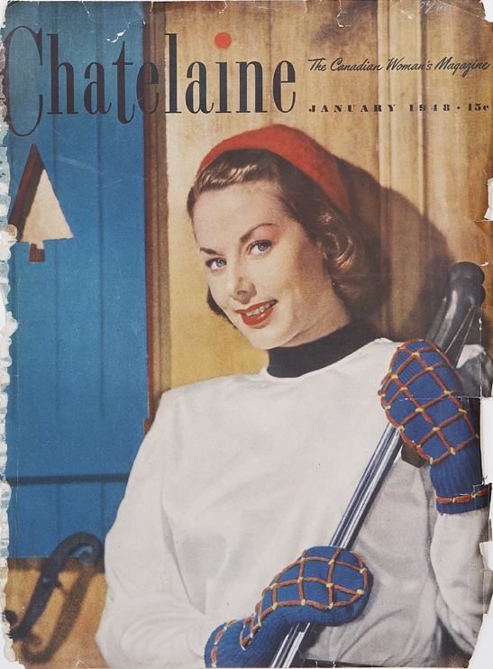 January 1948 Chatelaine Vintage magazine cover featuring a woman in a ski outfit. 