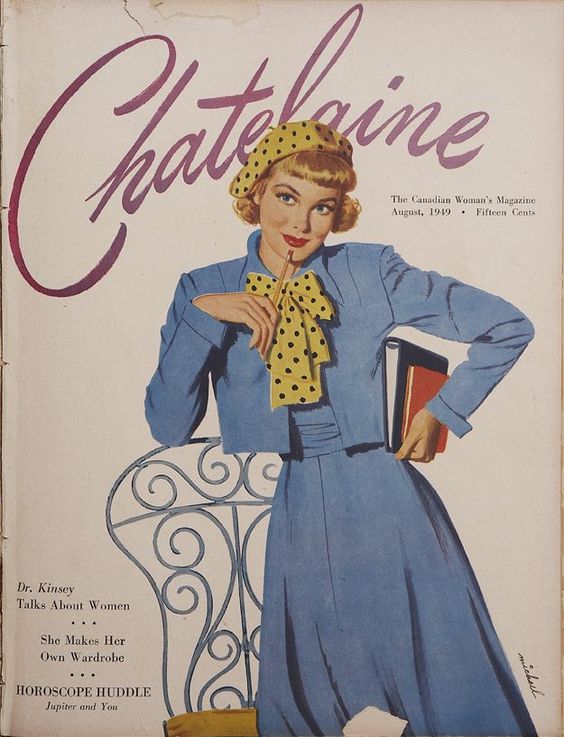 August 1949 Vintage chateline magazine cover featuring a young woman in 1940s fashion including a polka dot beret heading back to school.