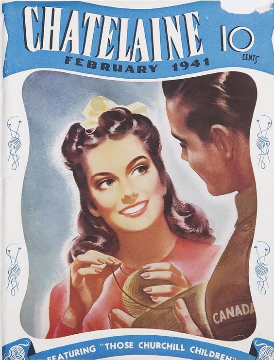 February 1941 Vintage Chateline Magazine Cover featuring an illustration of a woman with a 1940s hairstyle with a ball of yard. Make do and mend. 