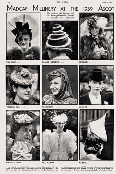 1930s vintage photo of the Madcap Millinery at the 1939 Ascot Races. Stunning 1930s hat inspiration!