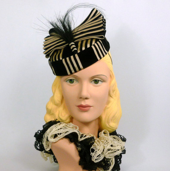 1940s vintage style tilt hat - Black and Off-White Striped Pillbox Fascinator Hat - 1940s Style - Velvet &Taffeta Fabric