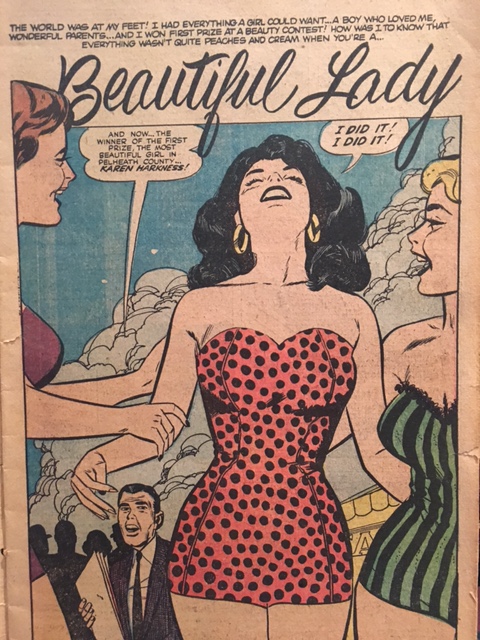 Love Romance 1950s Vintage comic book -Beautiful Lady featuring an illustration of a woman in a 1950s swimsuit with her friends also in 1950s swimsuits. 