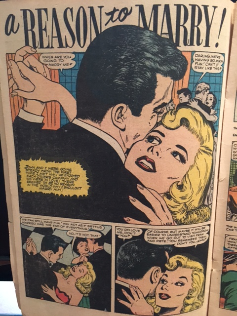 Love Romance 1950s Vintage comic book featuring an illustration of a man and woman in 1950s fashions in an embrance on the dance floor. 