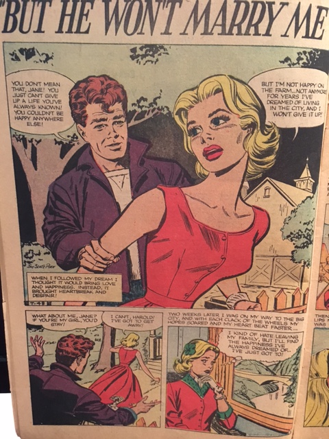 Love Romance 1950s Vintage comic book featuring an illustration of a young woman in 1950s dress and 1950s fashion running away from a man. 