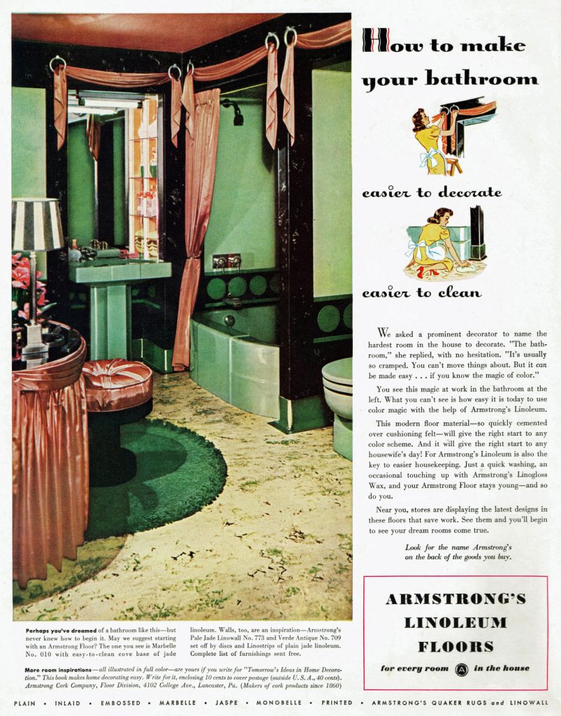 1941 Linoleum flooring in bathroom. 1940s vintage ad