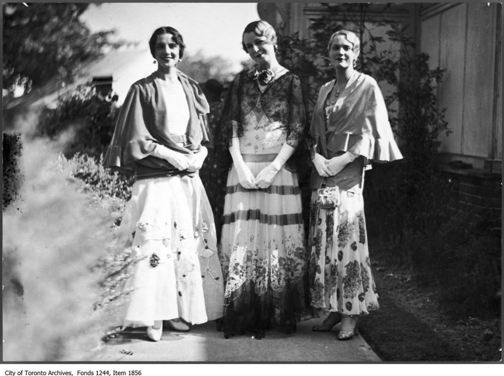 1926 Toronto Fashions for women -1920s vintage photo of 3 women in 1920s evening gowns and capes. 