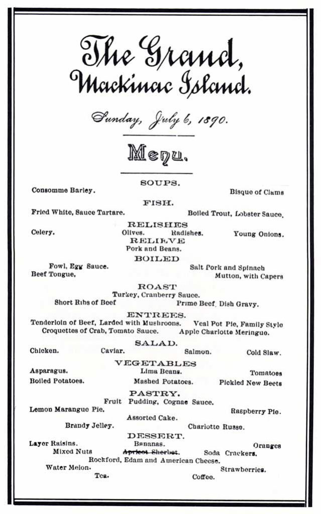 Grand Hotel Menu 1890 for The Grand on Mackinac Island