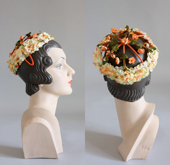 1950s vintage hat: Vintage 1950's orange and green floral skull cap. 