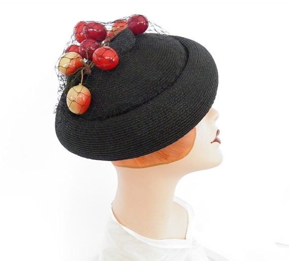 1940s vintage hat: 1940s tilt hat with cherries. 