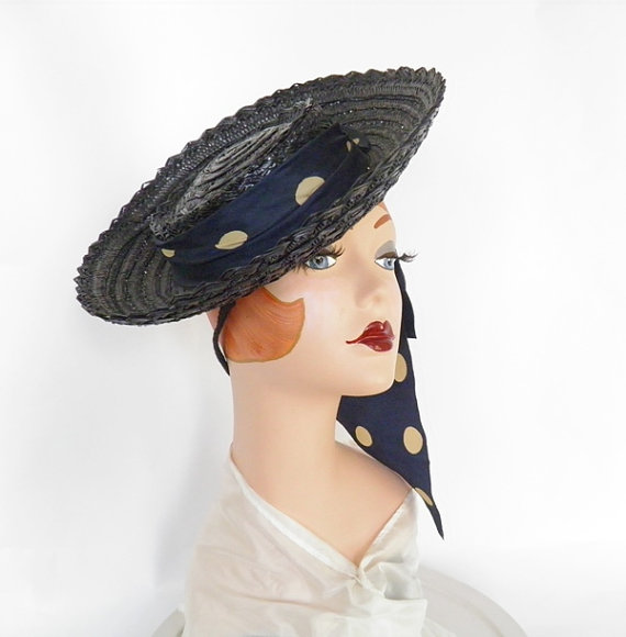 1940s Vintage Hat: Vintage 1940s hat, blue straw tilt with polka dot ribbon