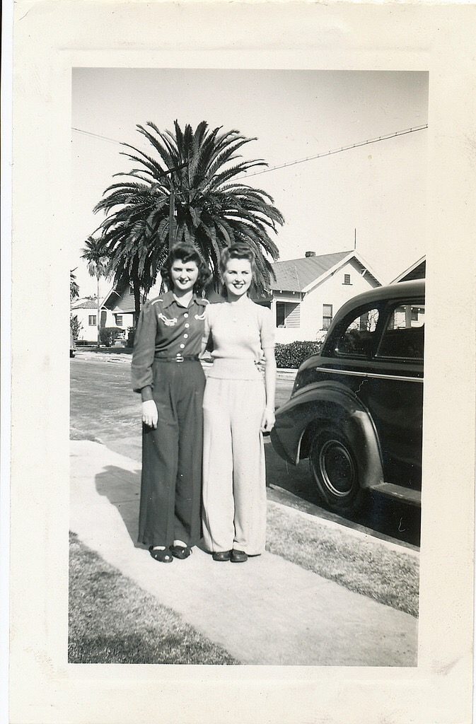 1940s vintage photo of 2 women in super examples of 1940s fashions..pants!