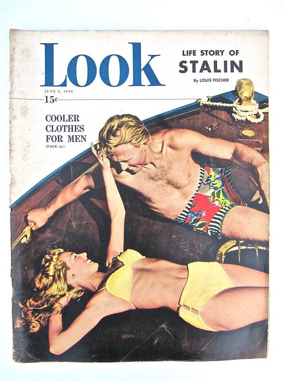 1940s Vintage Magazine Cover: 1948 vintage Look Magazine cover featuring 1940s vintage swimsuits for men and women. Cool men's hawaiian swim trunks. 