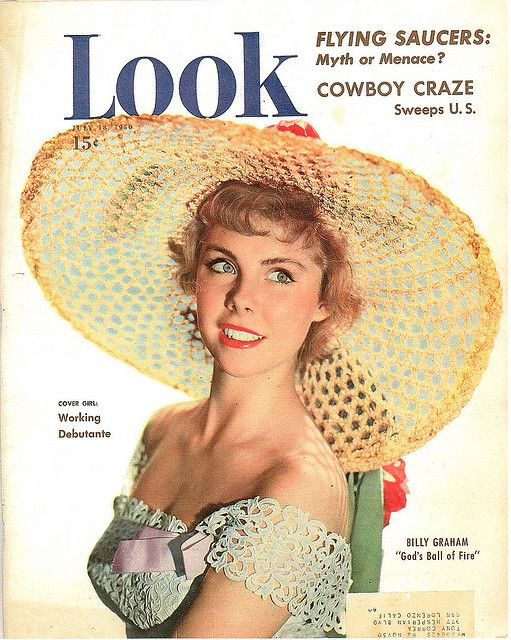 1950s Vintage Magazine Cover: Look Magazine, July 18, 1950 featuring a woman wearing a giant wide brimed sun hat and 1950s short hairstyle. 