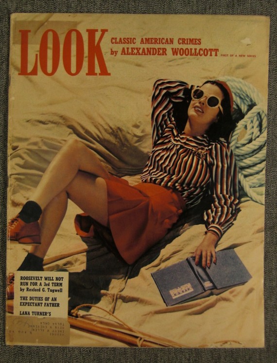 1940s vintage magazine cover for LOOK Magazine featuring actress Joan Bennetts in a tennis skirt and striped top. 