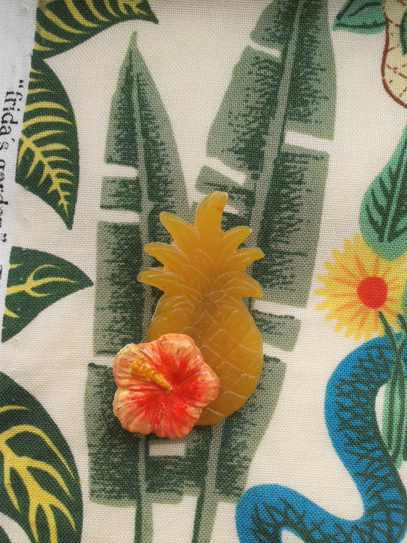 50s Inspired Tropical Brooch,Pineapple Pin,Hibiscus Pin,Tiki Brooch