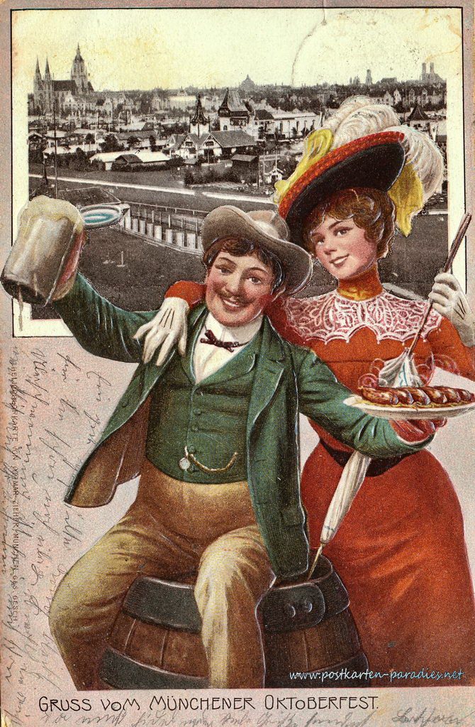 Postkarte München Oktoberfest Paar 1905 - Early 1900's vintage postcard for Oktoberfest in Munich featuring an illustration of a man in women in 1900's fashions enjoying the party. 