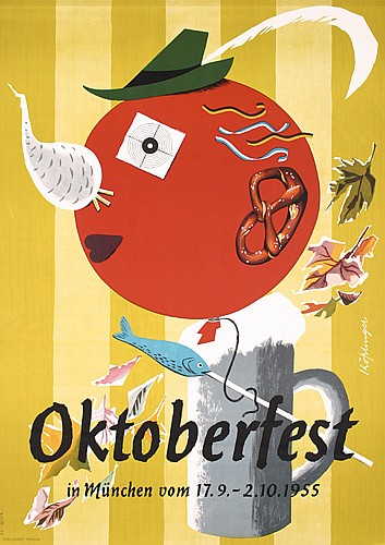 1950s vintage advertisement for Oktoberfest in Munich. 1950s German Oktoberfest poster in Munich-1955 featuring history of the festival in the illustration. 