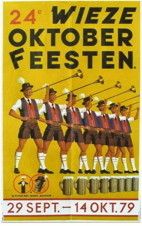 1970s vintage advertisement for Oktoberfest in Belgium featuring an illustration of men in lederhosen blowing on horns. -1979