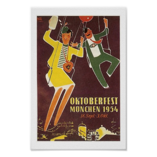 1950s vintage advertisement for Oktoberfest in Munich in 1954 featuring an illustration of a couple on a carnival ride. 