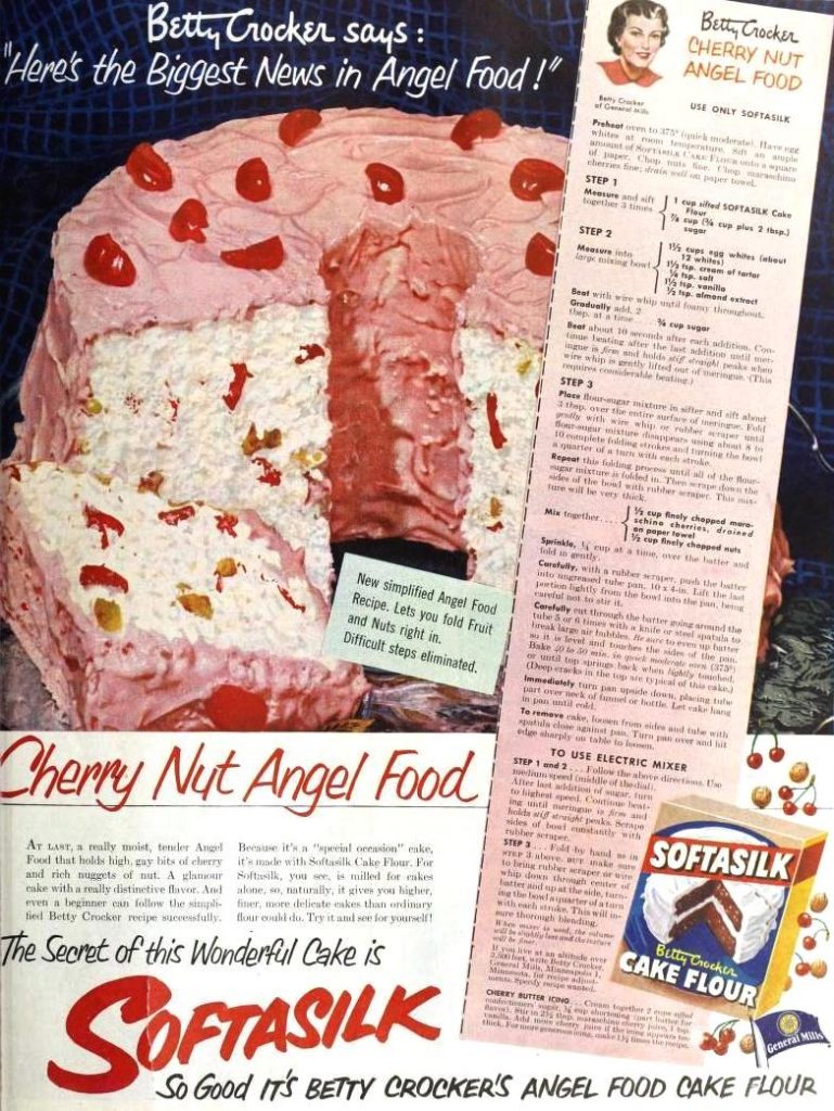 Betty Crocker Softasilk Cake Flour, May 1951 vintage food ad. Featuring a 'Betty Crocker Cherry Nut Angle Food Cake' recipe. 1950s dessert. 