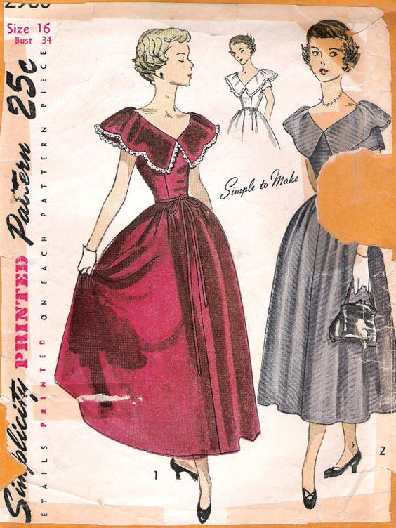 1940s Fashion: Bertha Collar on dresses as seen on a vintage sewing pattern.