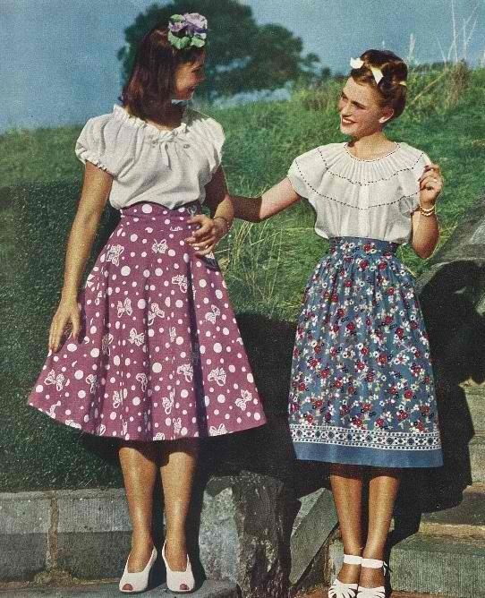 1940s Fashion: peasant blouse and dirndl skirt. Right, too, even on formal occasions. Because the skirt's long, printed and ruffled, the neckline of the blouse deeply scooped. 