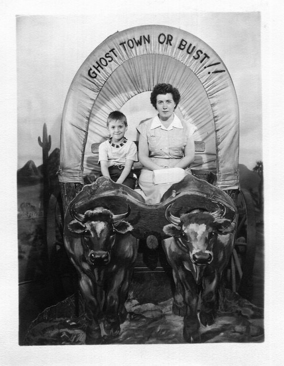 1950s Vintage Photo of photobooth of a son and his mom at Knott's Berry Farm. 