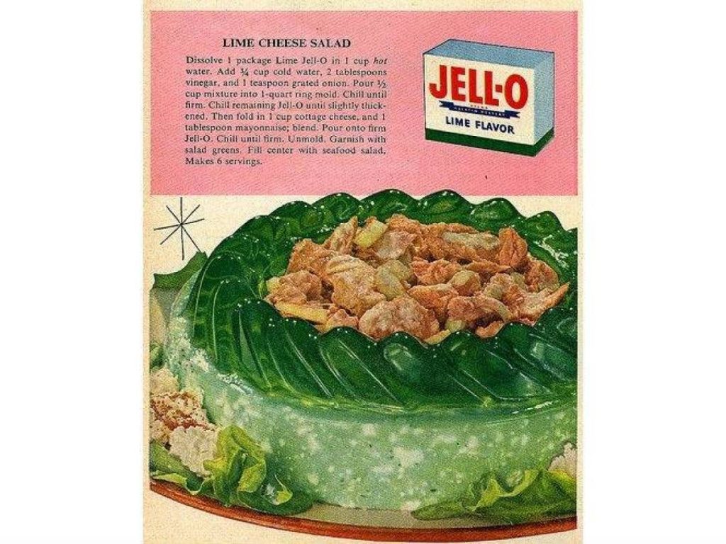 1950s Jello-O Mod Lime Cheese Salad Recipe. 1950s Vintage Dessert Recipe as seen on a 1950s vintage ad. 