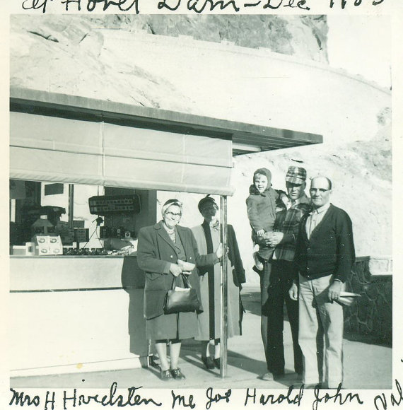 1950's vintage photo of a family posing together at Hoover Dam, 1953.