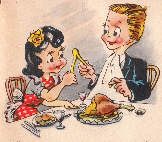 1940s thanksgiving illustration of a man and woman eating a turkey together and breaking the wish bone. 