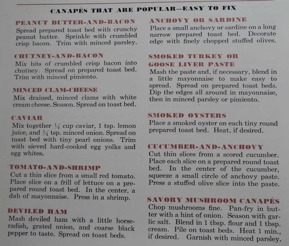 1950s party food ideas-Cnapes for your appetizers. 1950s appetizer recipe as seen in a 1950s Betty Crocker Cookbook.