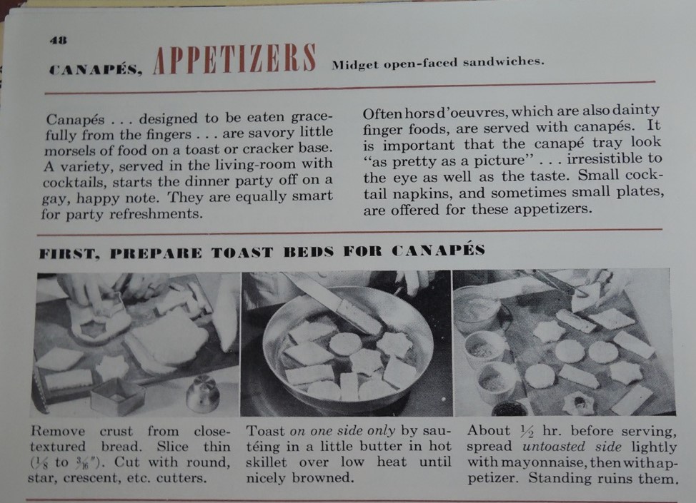 1950s party food ideas-Cnapes for your appetizers. 1950s appetizer recipe as seen in a 1950s Betty Crocker Cookbook.