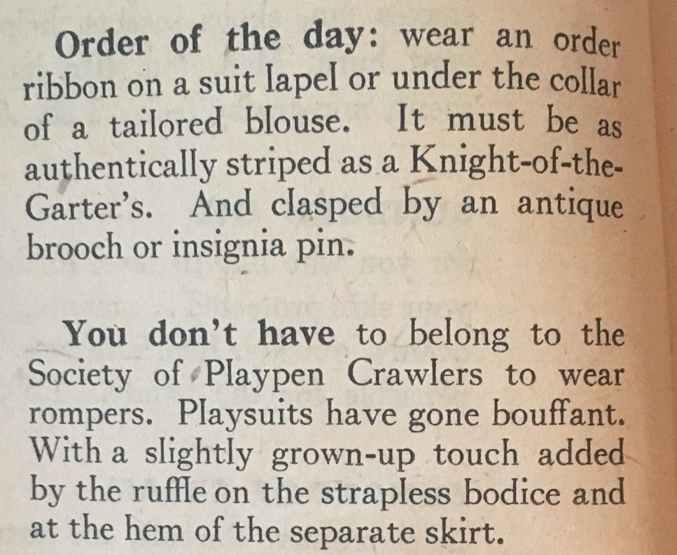 1940s Fashions for Summer: Order ribbons on a lapel are all the rage, and playsuits. 1947 Fashion Tips for Women as seen in a vintage Chatalaine Magaine. 