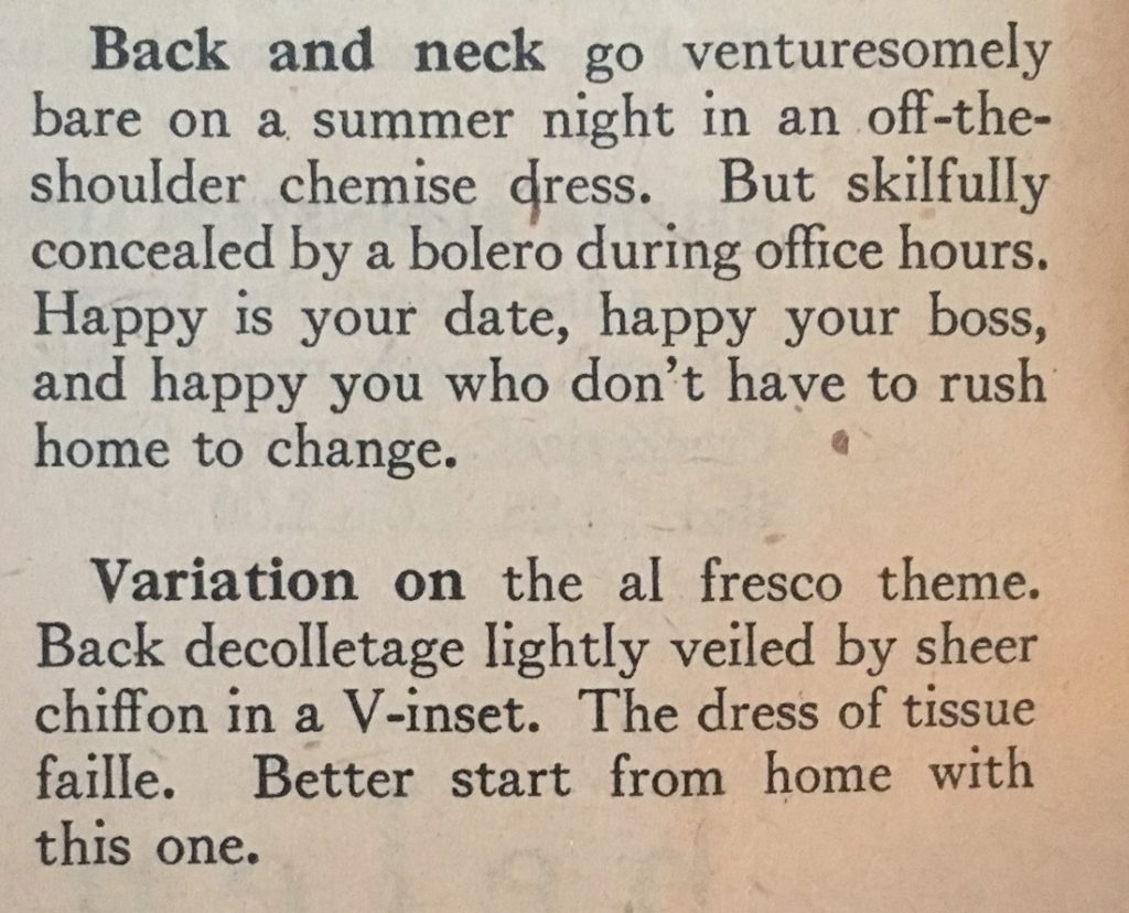 1940s Fashion Tip: Back and neck go bare, but wear a bolero during the day. 1947 Fashion Tips for Women as seen in a vintage Chatalaine Magaine. 