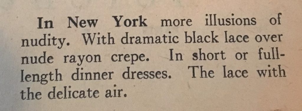 1940s Fashion Tip: In New York more illusions of nudity. With dramatic black lace over nude rayon crepe. In short or full-length dinner dresses. The lace with the delicate air. 1947 Fashion Tips for Women as seen in a vintage Chatalaine Magaine. 