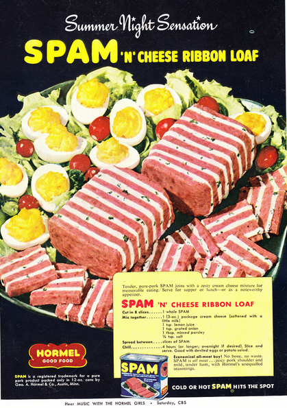 1950s vintage ad for SPAM featuring a 1950s recipe (perfect for a 1950s party) for Spam and cheese ribbon loaf. 