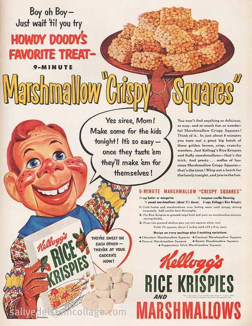 1950s Vintage Ad for Kellogg's Rice Krispies featuring a vintage recipe for Rice Crispy Squares. 