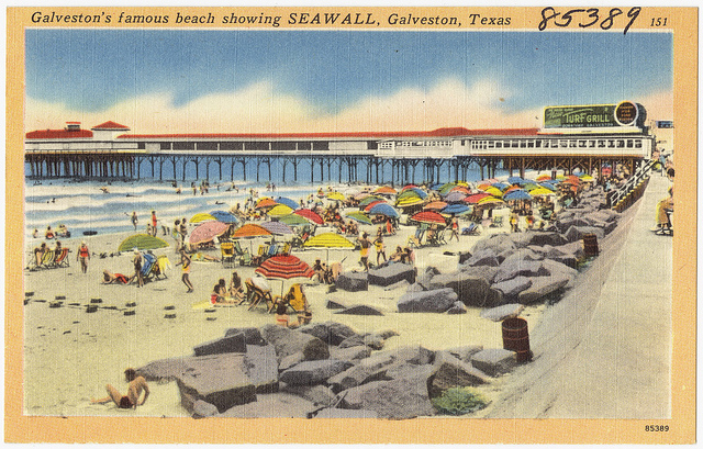 Galveston Texas vintage postcard featuring an image of Galveston's famous beach Seawall. 