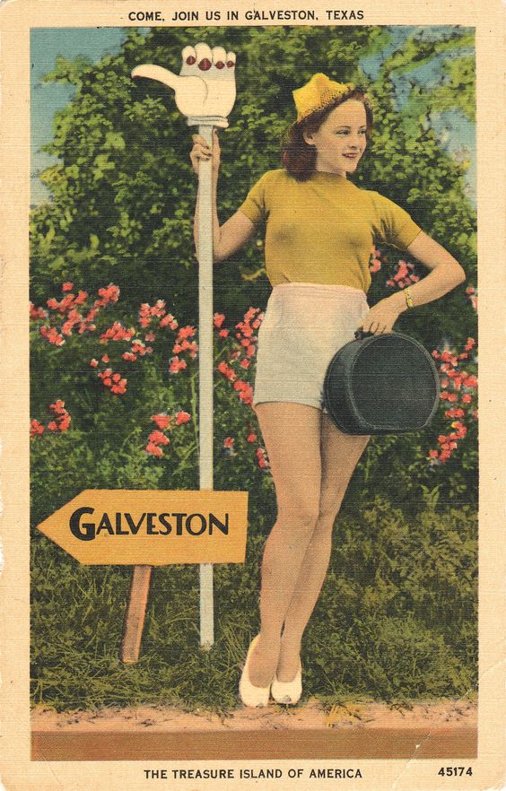 Vintage 1940s postcard of a pinup woman posing next to a sign for going to Galveston Texas. 