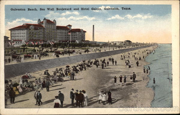 Vintage Postcard of the Galveston Beach, Sea Wall Boulevard and Hotel Galvez