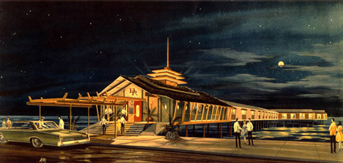 Vintage illustration of The Balinese Room. Originally opened in 1923 as the Chop Suey, then the Sui Jen a few year later. It finally became the Balinese Room in 1942 with its famed south seas motif. 