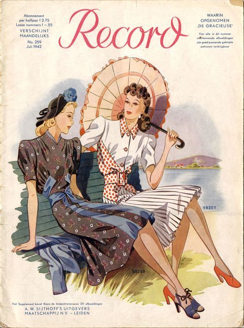 1940s fashion illustration dutch pattern catalogue record july 1942 featuring two women in 1940s dresses on the cover. 