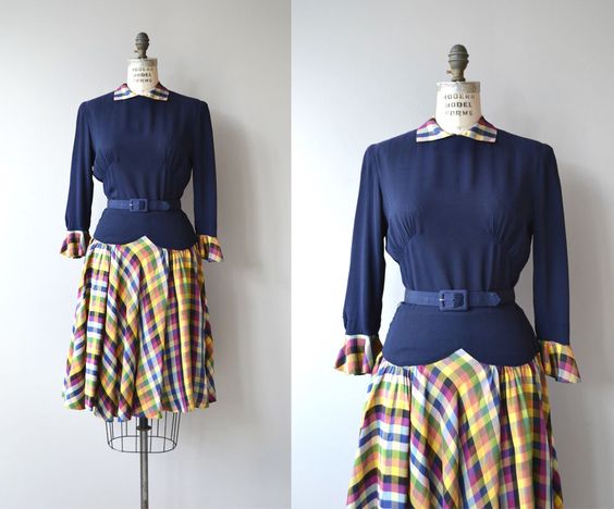 1940s Vintage Dress featuring a plaid skirt. Stunning 1940s Fashion.