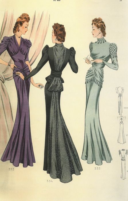 1940s vintage fashion illustration featuring women's french evening gowns.