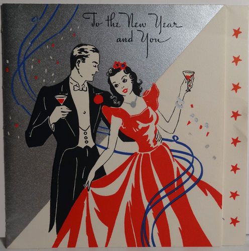 1940s vintage new years eve card featuring an illustration of a couple in 1940s fashions dancing together. 