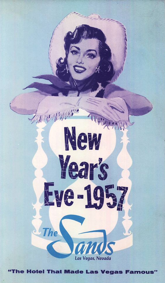 1950s new years eve the sands las vegas ad featuring an illustration of a woman in a cowboy outfit posing over an hour glass. 