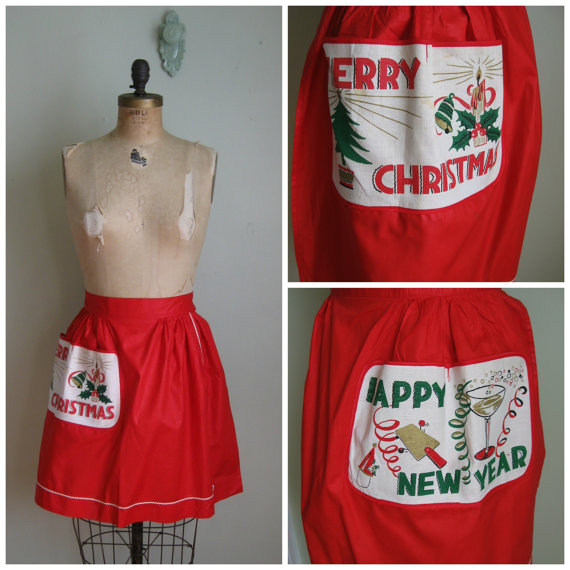 1950s vintage reversable apron merry christmas happy new year