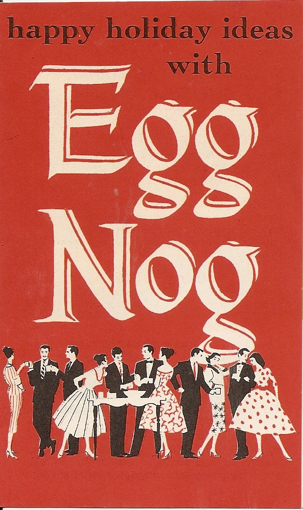 1950s Vintage ad for egg nog featuring an illustration of 1950s people enjoying the festive drink. 